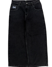 Load image into Gallery viewer, Gloe &quot;Spell Out&quot; Washed Black Wide Leg Jeans
